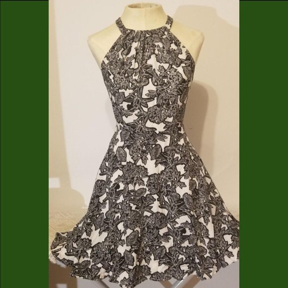 Express Black and White Halter Fit and Flare Dress - Picture 1 of 4